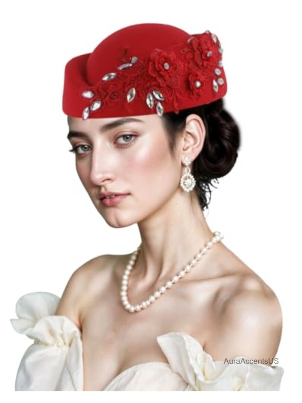 Women's Felt Derby Beret Hat Rhinestone Floral French Style Church Wedding
